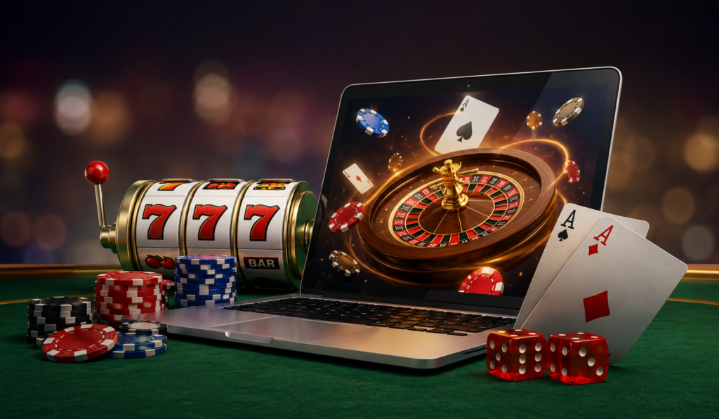 Online casino games for beginners with roulette, slots, cards and chips